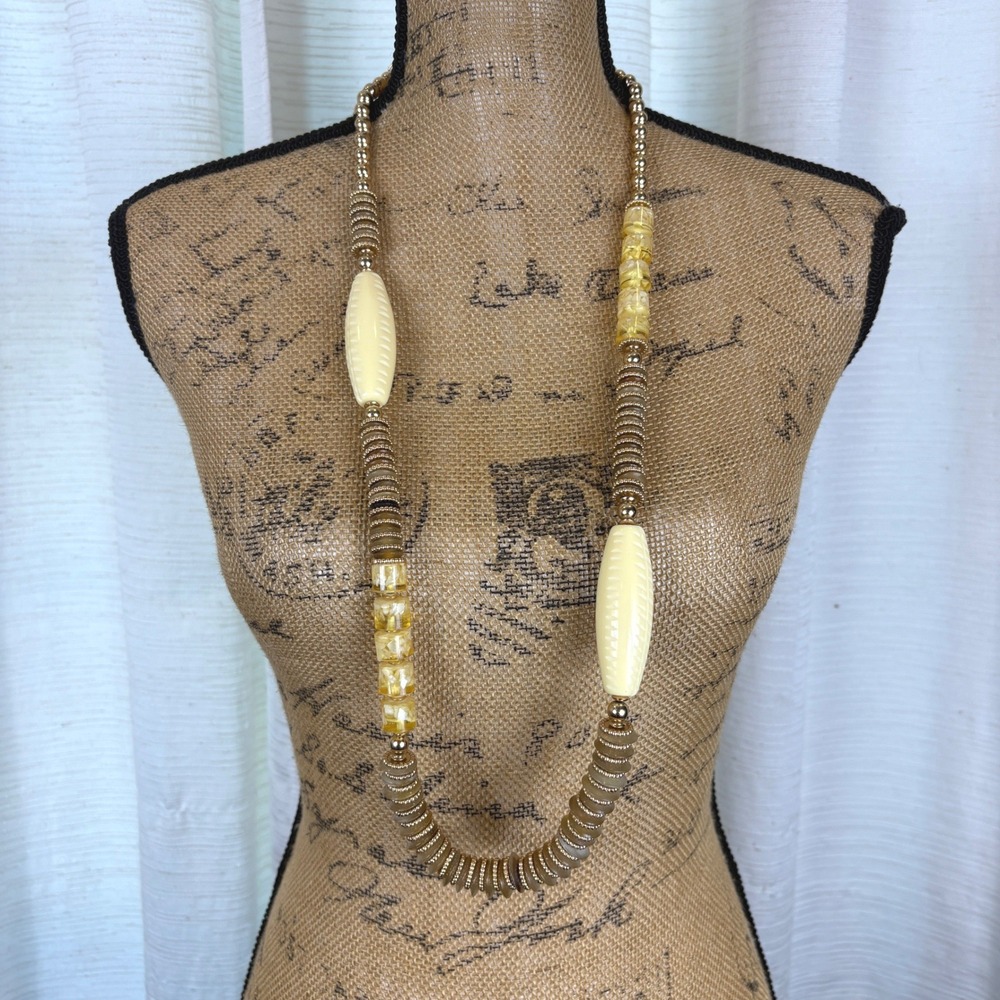 NWT Chico's Gold Tone Cream Amber Carven Chunky Beaded Statement Necklace